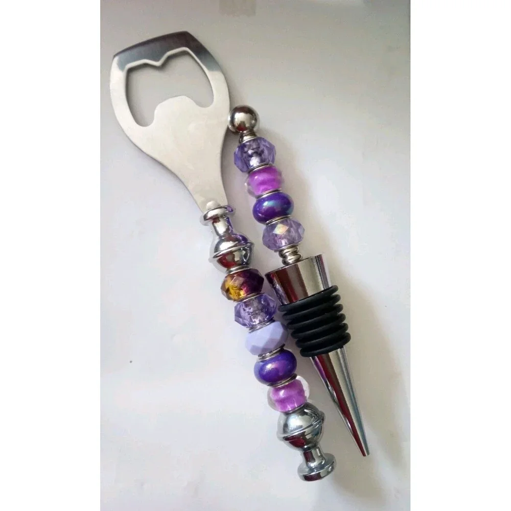 Wine Stopper & Bottle Opener Set Bar Cocktail Beaded Great Gift Purple